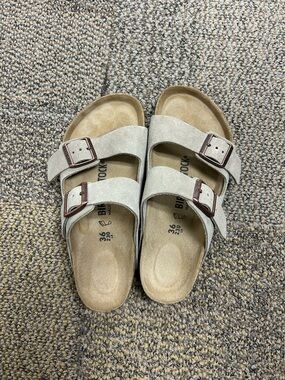 Birkenstock Ladie’s Double-Strap Suede Sandals in Light Beige